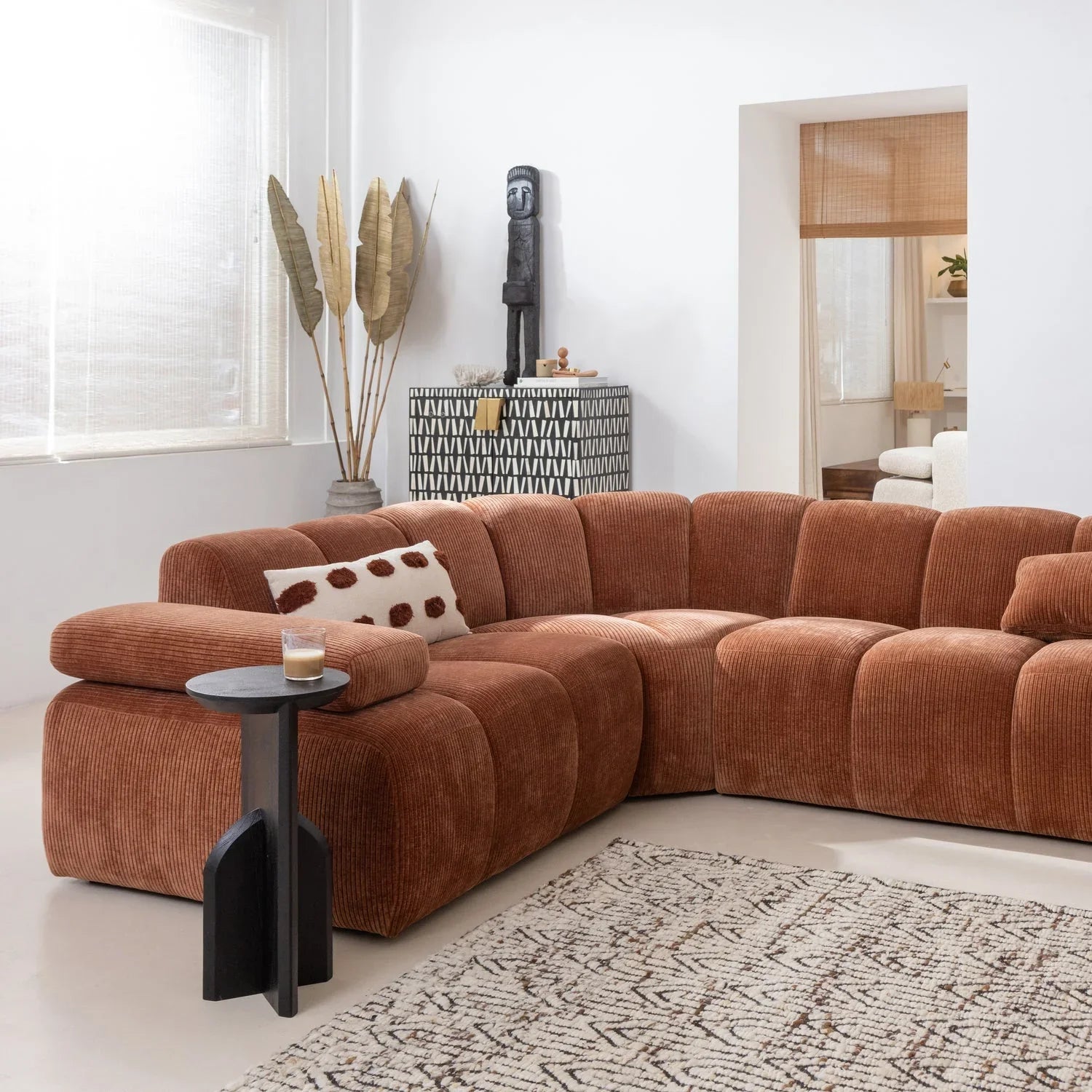 MOJO CORNER SOFA LEFT RIB FABRIC RUST BROWN
