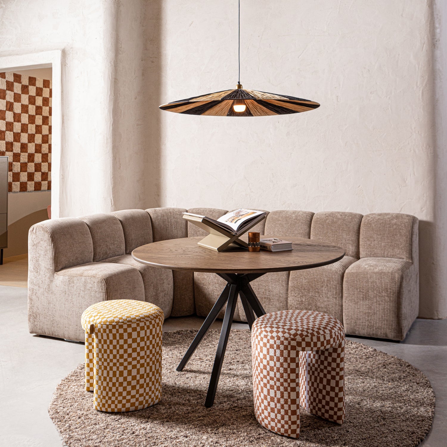 CHARLIE UPHOLSTERED STOOL CHECKERED PATTERN ORANGE