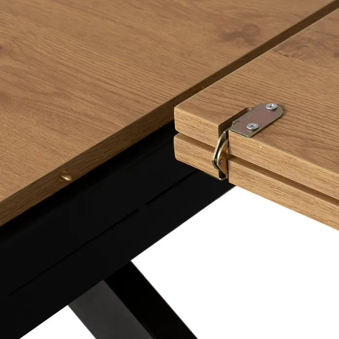 Masă extensibilă dining | MDF și Metal | Stejar Natural & Negru | Design Rotund Modern 120(160)x120x76 cm