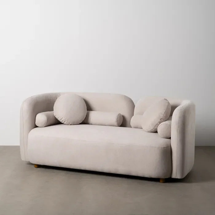 Canapea 2 locuri din lemn și țesătură bej – design modern și compact