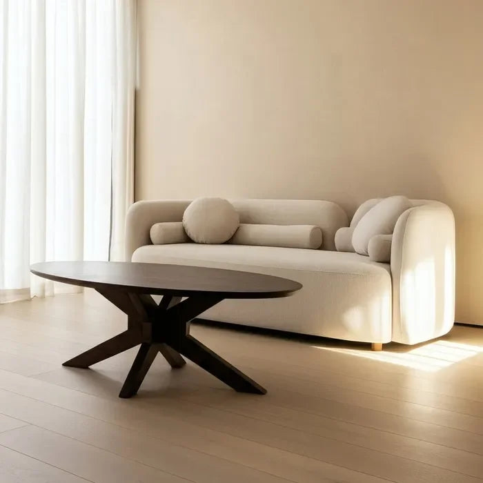 Canapea 2 locuri din lemn și țesătură bej – design modern și compact