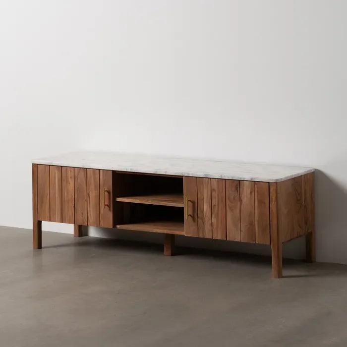 Comodă TV din lemn de salcâm și blat de marmură 141 cm – design modern cu accente de lux