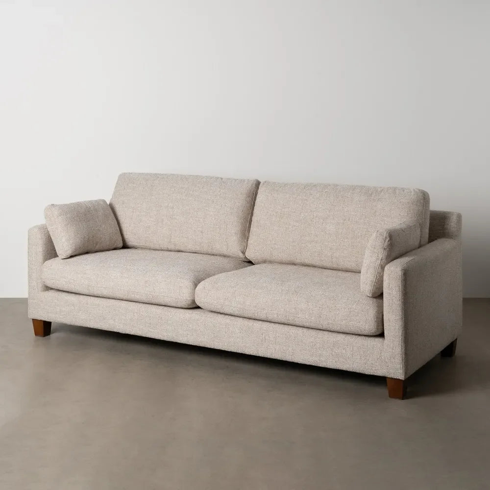 Canapea 3 locuri bej din lemn și țesătură – confort modern și stil natural