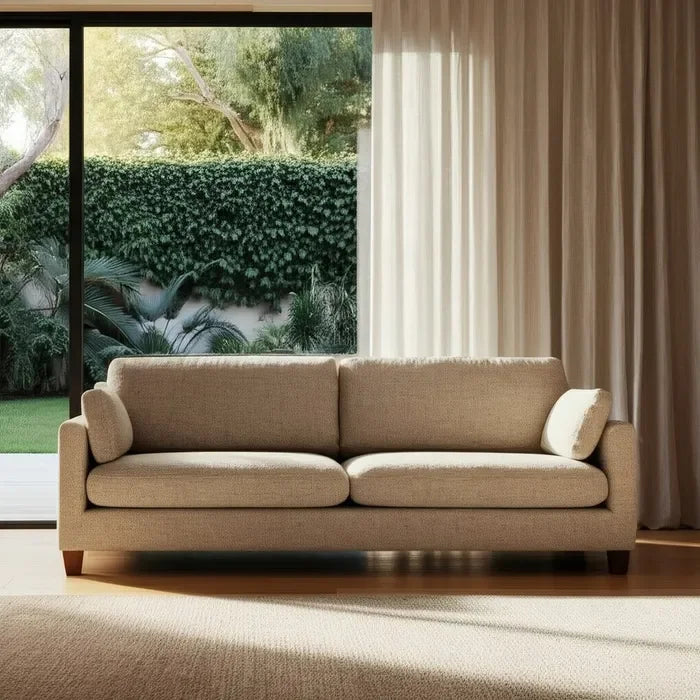 Canapea 3 locuri bej din lemn și țesătură – confort modern și stil natural