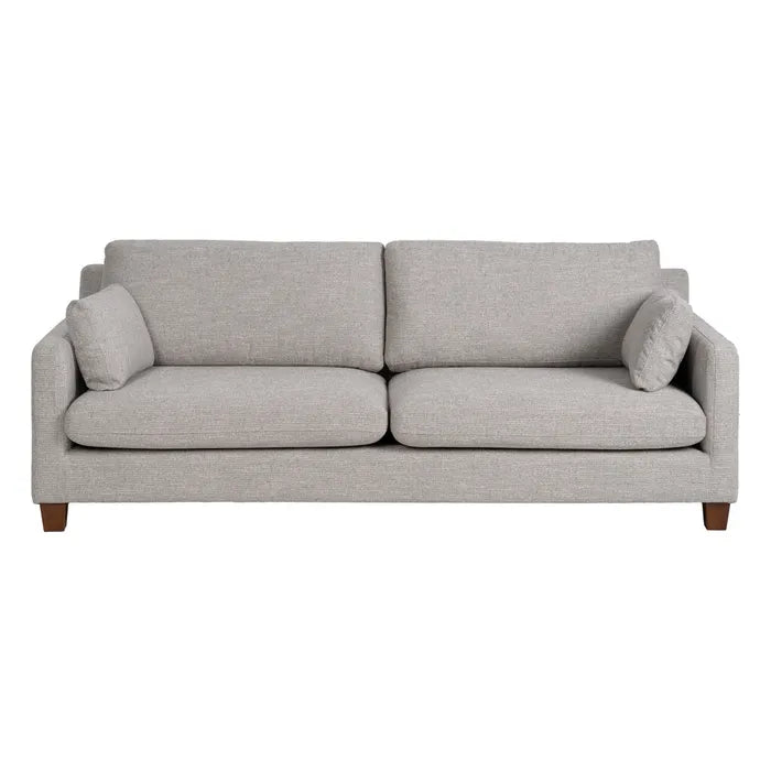 Canapea 3 locuri gri din lemn și țesătură tip weave – design modern și textură sofisticată