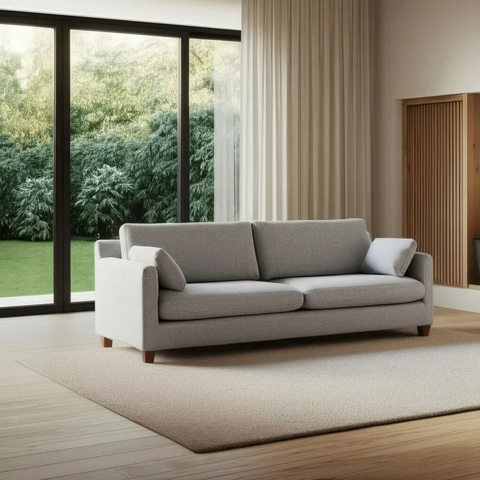 Canapea 3 locuri gri din lemn și țesătură tip weave – design modern și textură sofisticată