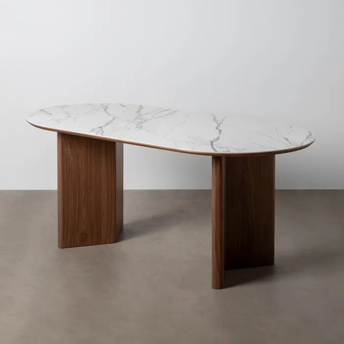 Masă de dining cu blat alb-maro din ceramică și MDF, 180 x 90 x 76 cm – design modern și elegant
