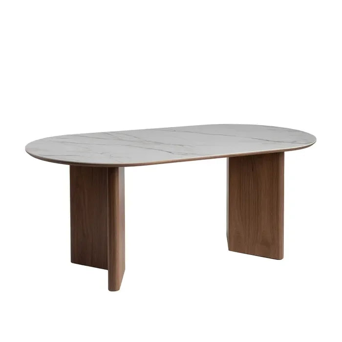 Masă de dining cu blat alb-maro din ceramică și MDF, 180 x 90 x 76 cm – design modern și elegant