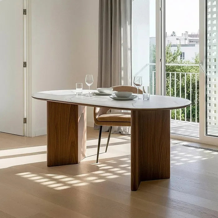 Masă de dining cu blat alb-maro din ceramică și MDF, 180 x 90 x 76 cm – design modern și elegant