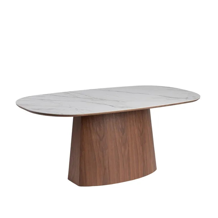 Masă Dining Ixia, Dreptunghiulară, Blat Ceramic cu Aspect Marmură Alb-Maronie și MDF, 180 x 90 x 75 cm
