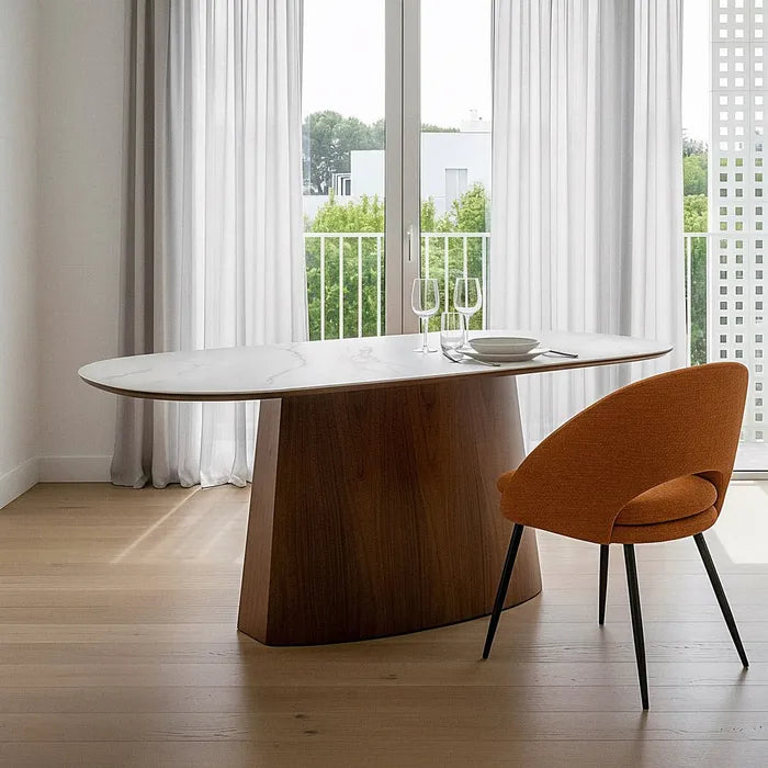 Masă Dining Ixia, Dreptunghiulară, Blat Ceramic cu Aspect Marmură Alb-Maronie și MDF, 180 x 90 x 75 cm