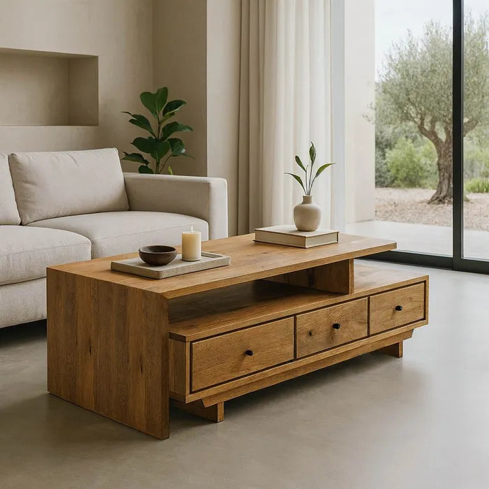 Măsuță de cafea din lemn de mango, 150 x 60 x 45 cm – design modern și spațiu de depozitare