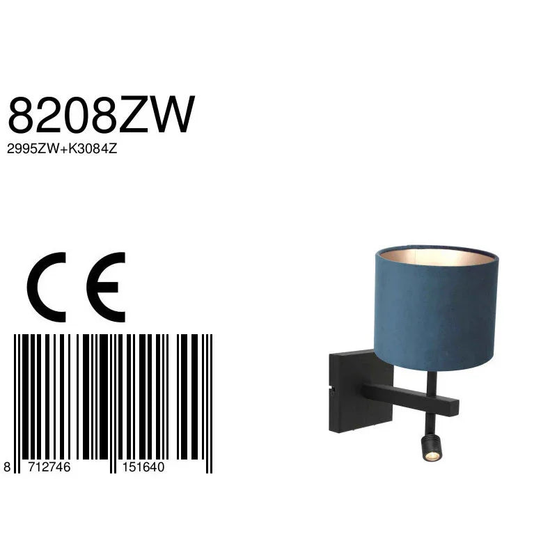Lampă de perete Stang 8208ZW Negru + Abajur Velur Albastru
