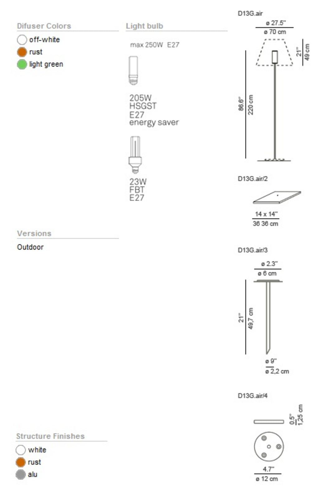 Luceplan lampă de exterior Grande Costanza | Fixă bază ruginiu/ruginiu | cod 70007488