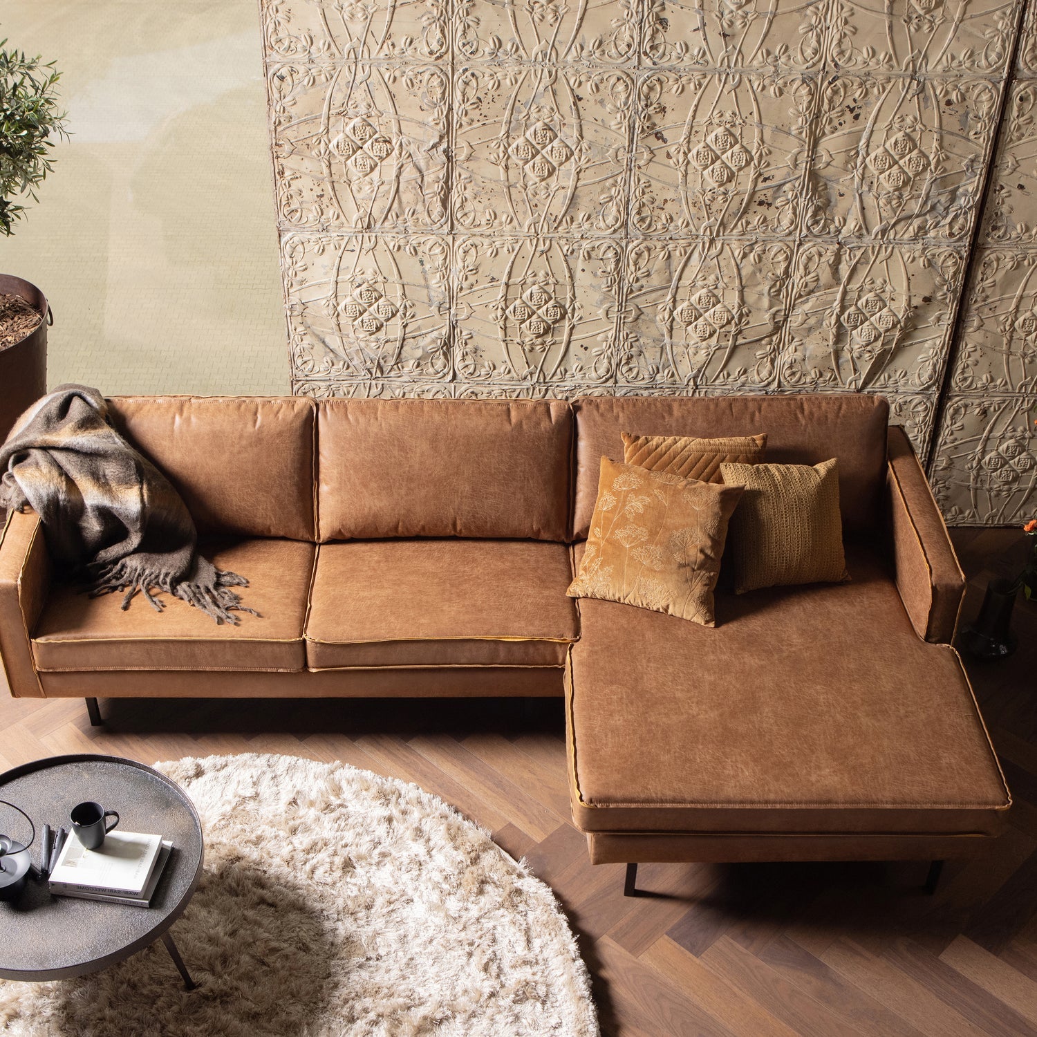 WOOOD canapea colt RODEO CHAISE LONGUE | Piele | Coniac | 85x300x155 cm