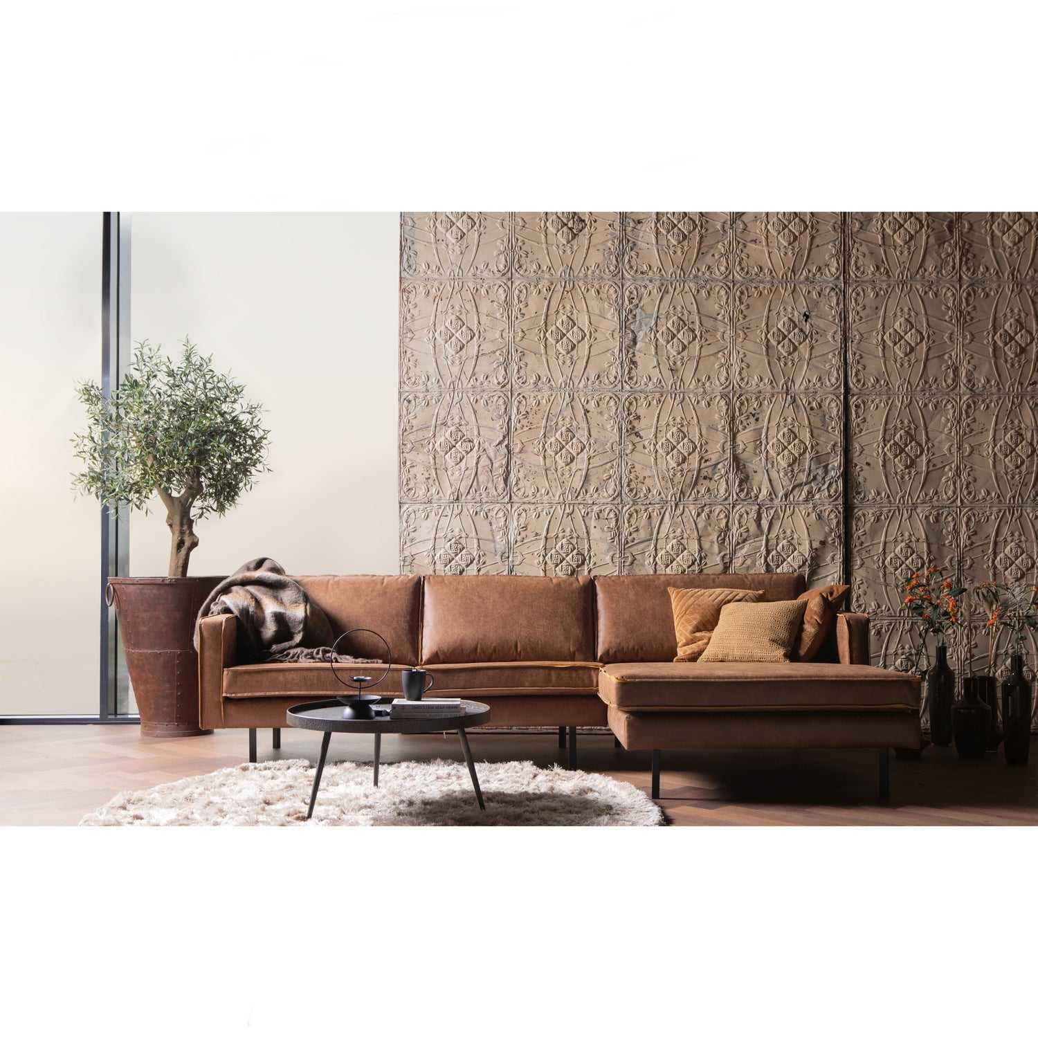 WOOOD canapea colt RODEO CHAISE LONGUE | Piele | Coniac | 85x300x155 cm