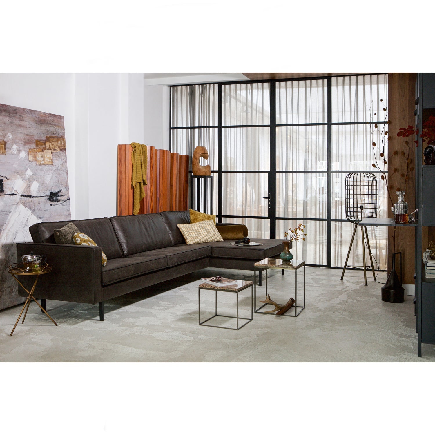 WOOOD canapea colt RODEO CHAISE LONGUE | Piele | Negru | 85x300x155 cm