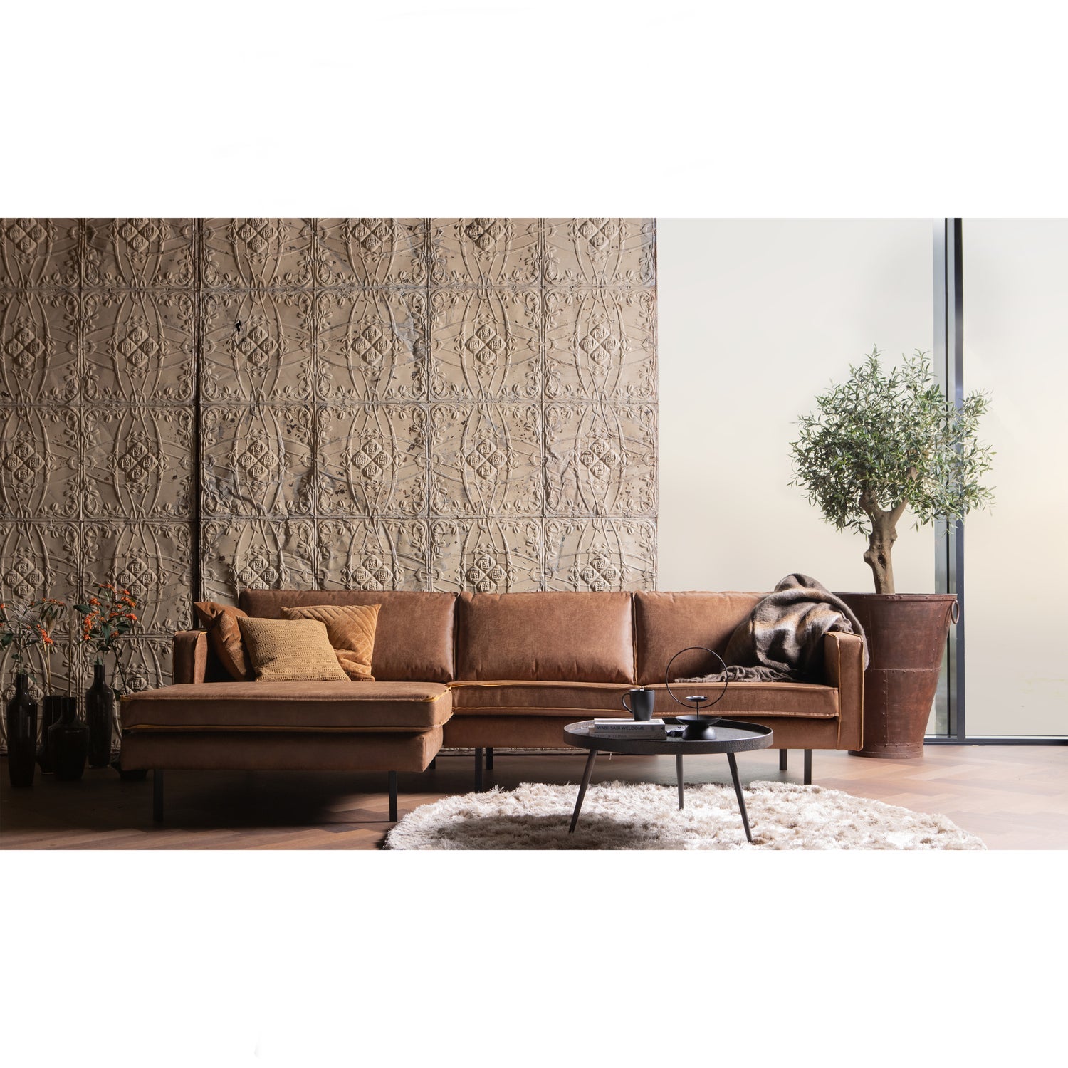 WOOOD canapea colt RODEO CHAISE LONGUE | Piele | Coniac | 85x300x155 cm