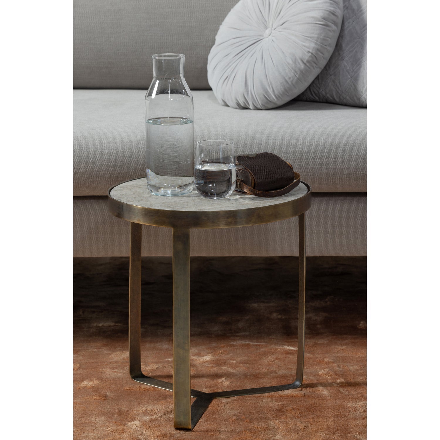 WINNE SIDE TABLE METAL WITH MARBLE TOP ANTIQUE BRASS