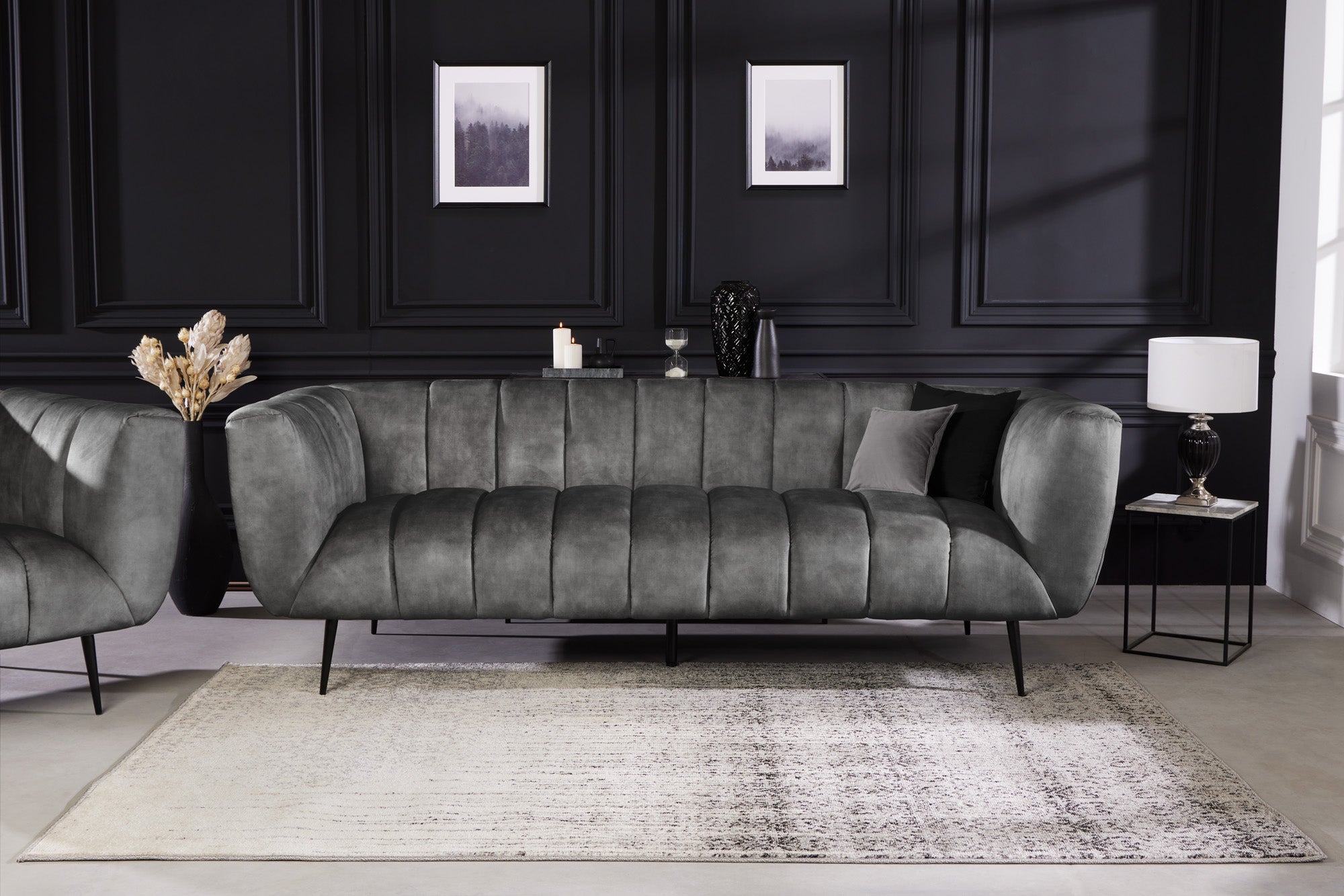 Invicta Canapea NOBLESSE - 225cm, 3 Locuri | Catifea, Negru | 225x80x90 cm