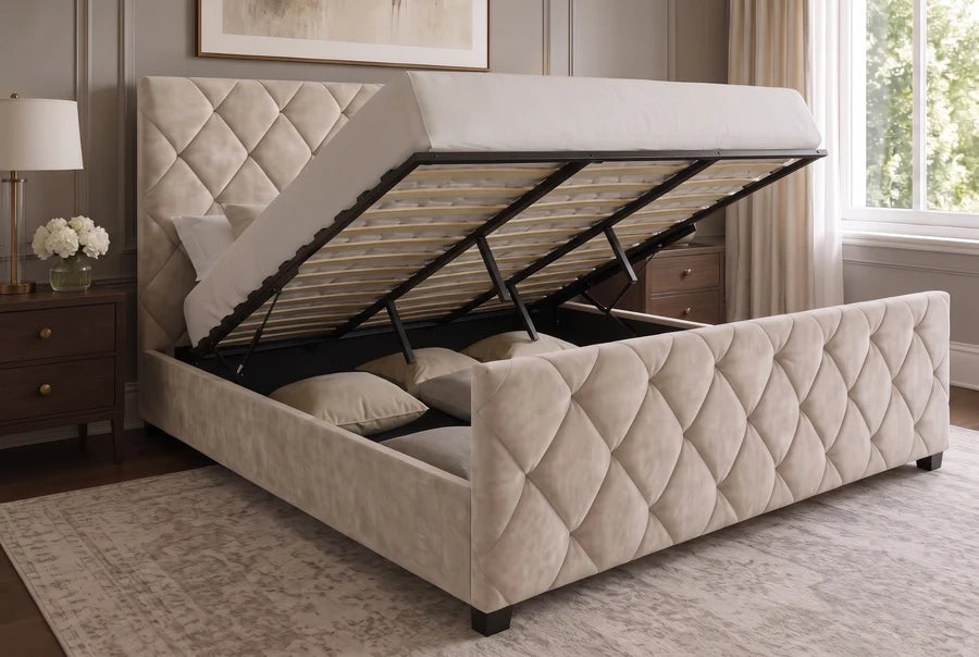 Invicta Pat Tapițat Invicta Interior ELYSIUM 160x200 cm, Catifea Bej Șampanie, Model Diamant, Somieră și Spațiu de Depozitare