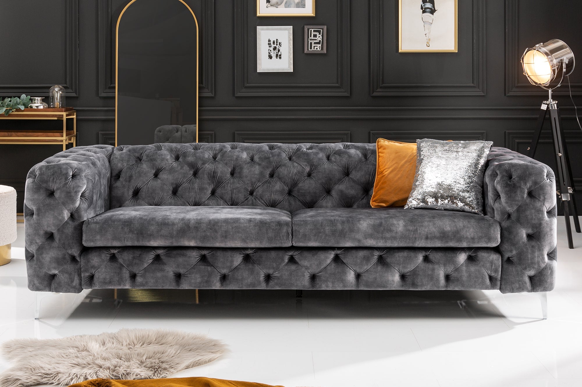 Invicta Canapea MODERN BAROCK - 240cm, 3 Locuri | Catifea, Gri | 235x72x95 cm