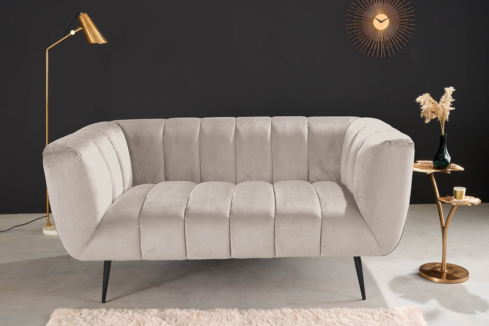 Invicta Canapea NOBLESSE - 165cm, 2 Locuri | Catifea, Țesătură Texturată, Negru | 165x78x90 cm