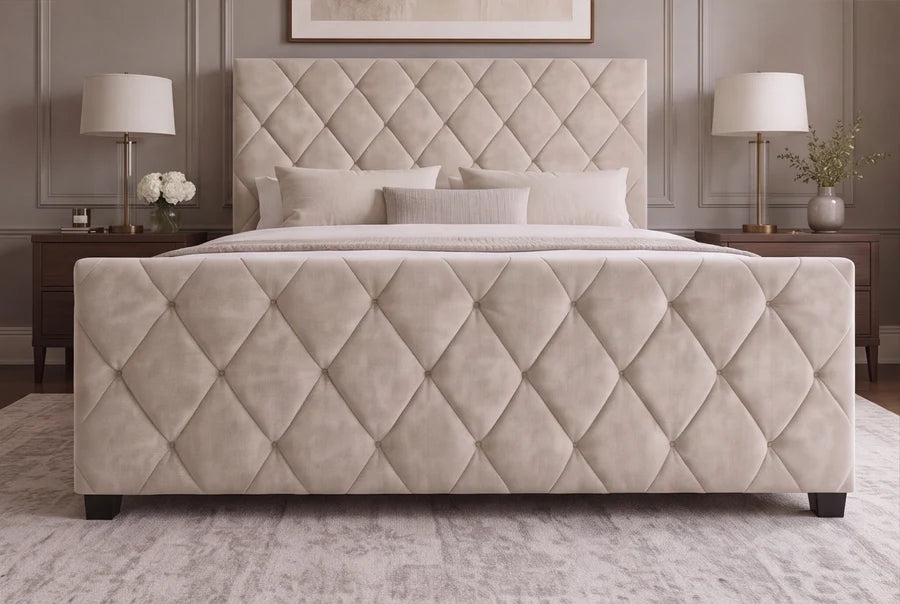 Invicta Pat Tapițat Invicta Interior ELYSIUM 160x200 cm, Catifea Bej Șampanie, Model Diamant, Somieră și Spațiu de Depozitare