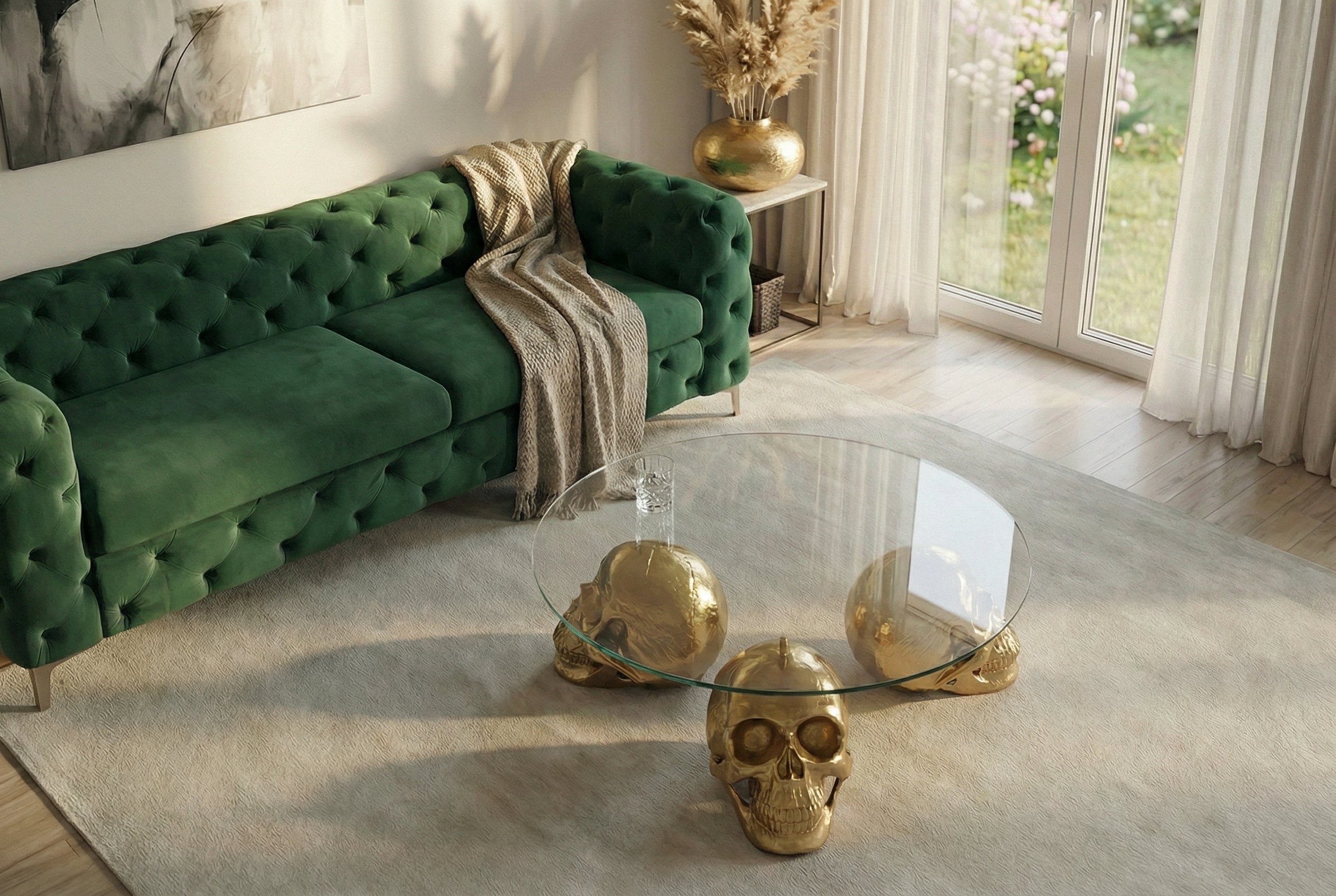Invicta Masă cafea SKULL - 90cm | Sticlă, Auriu | 90x33x90 cm