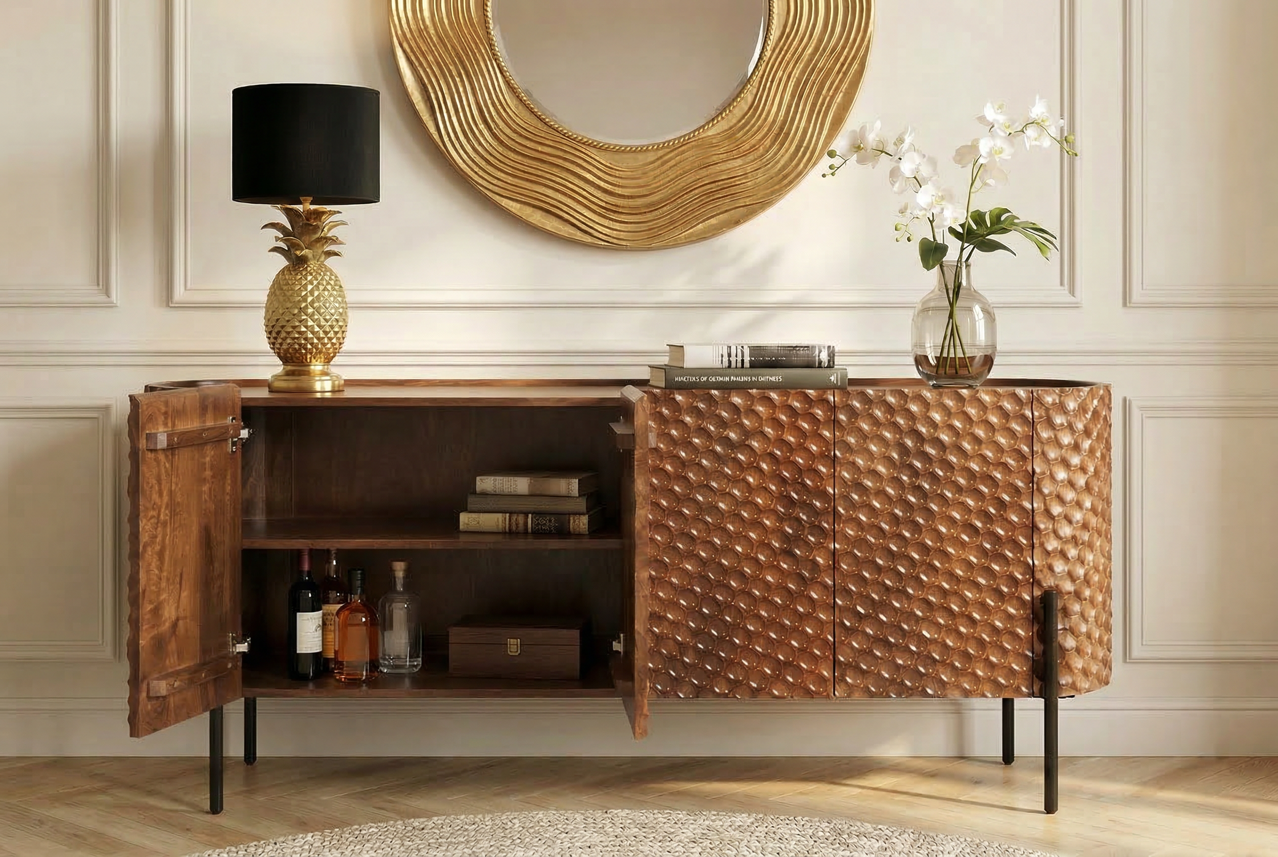 Invicta Comodă ADLON - 180cm | Mango, Metal, Negru | 178x77x42 cm