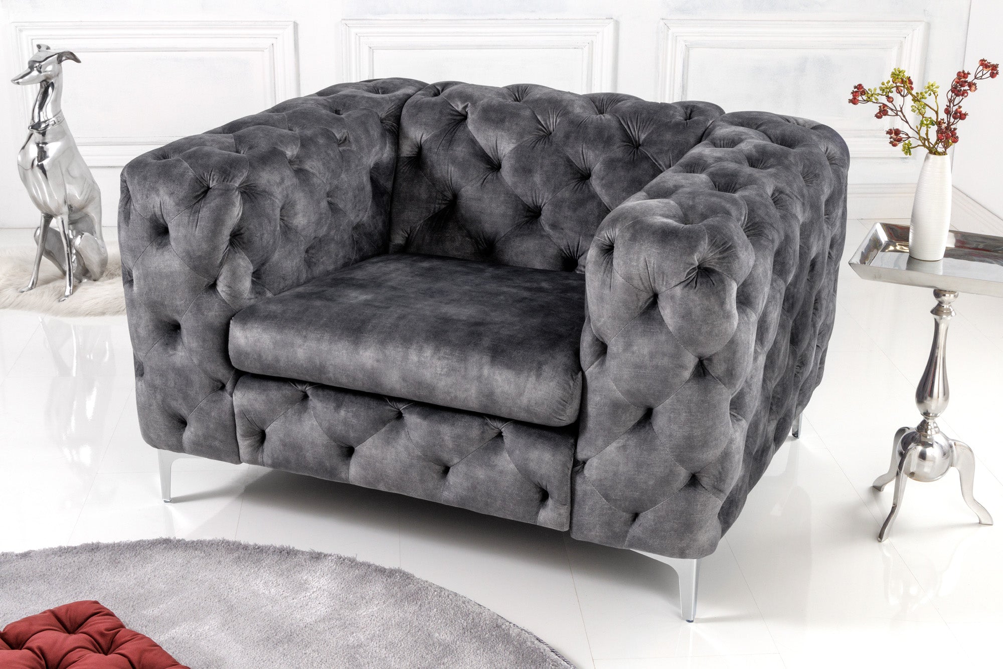 Invicta Fotoliu MODERN BAROCK - Chesterfield 120cm | Catifea, Gri | 120x70x100 cm