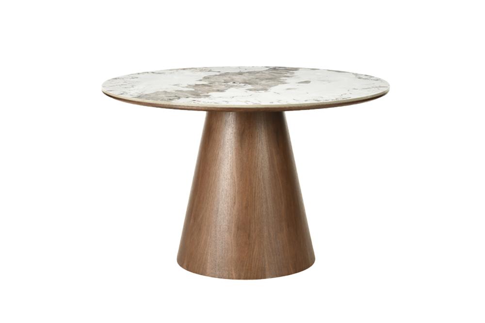 Masă de Dining Uniq 120 cm, Rotundă, Lemn Furniruit de Stejar și Blat Ceramic Pandora Aspect Marmură Albă