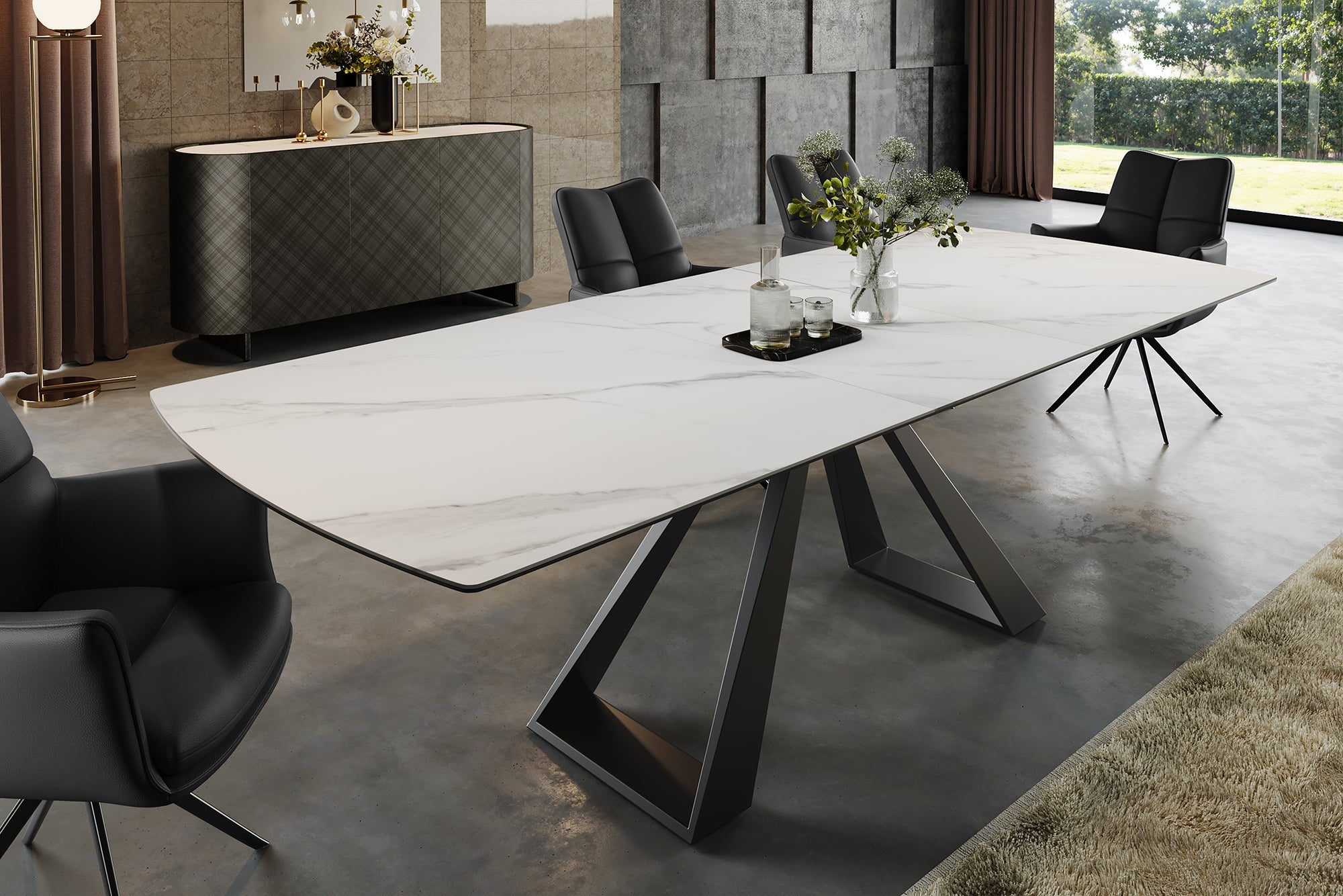 Invicta Masă dining CONCORD - 230cm | Marmură, Sticlă, Țesătură Cord, Alb