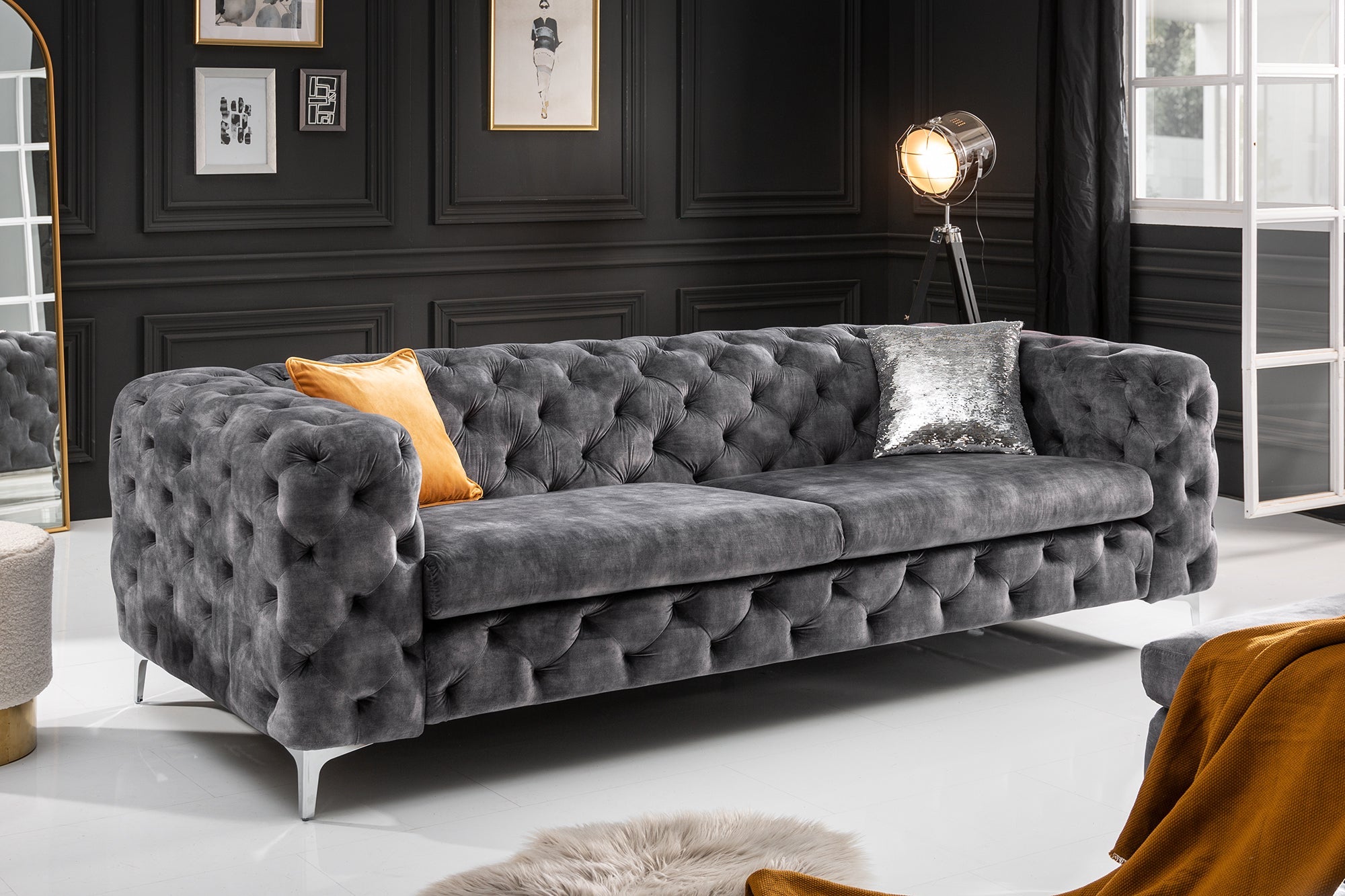 Invicta Canapea MODERN BAROCK - 240cm, 3 Locuri | Catifea, Gri | 235x72x95 cm