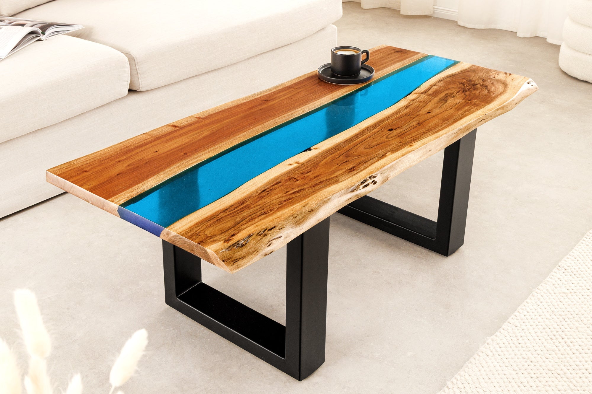 Invicta Masă cafea LIQUID - 110cm | Acacia, Albastru | 110x45x50 cm