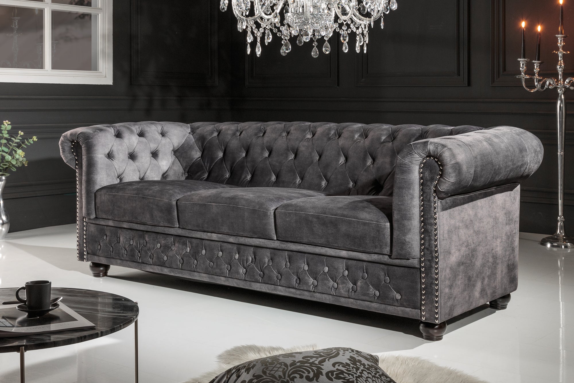 Invicta Canapea CHESTERFIELD - 205cm, 3 Locuri | Catifea, Gri | 205x73x85 cm