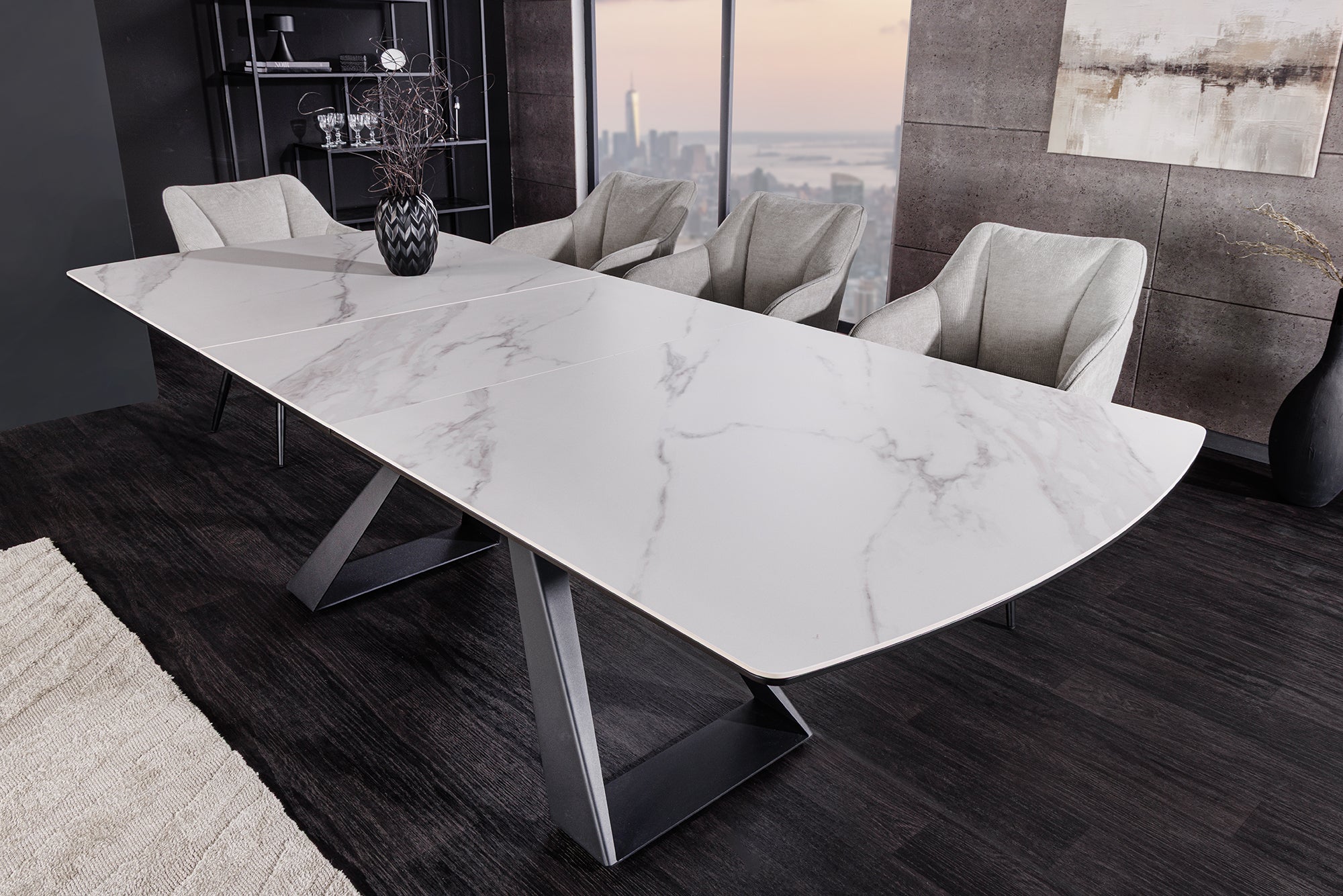 Invicta Masă dining CONCORD - 230cm | Marmură, Sticlă, Țesătură Cord, Alb