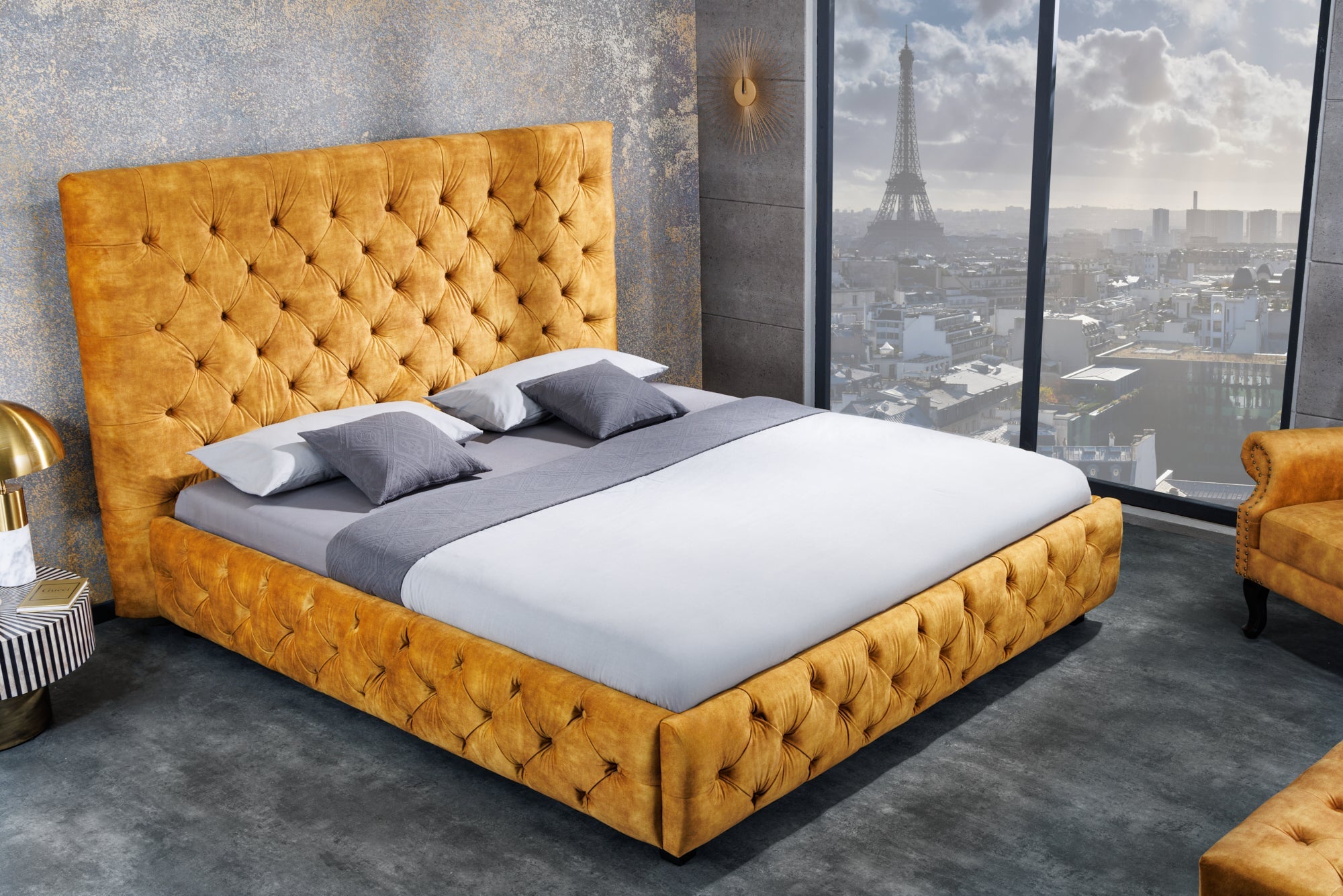 Invicta Pat PARIS CHESTERFIELD - 200cm | Catifea, Galben Muștar | 190x138x220 cm