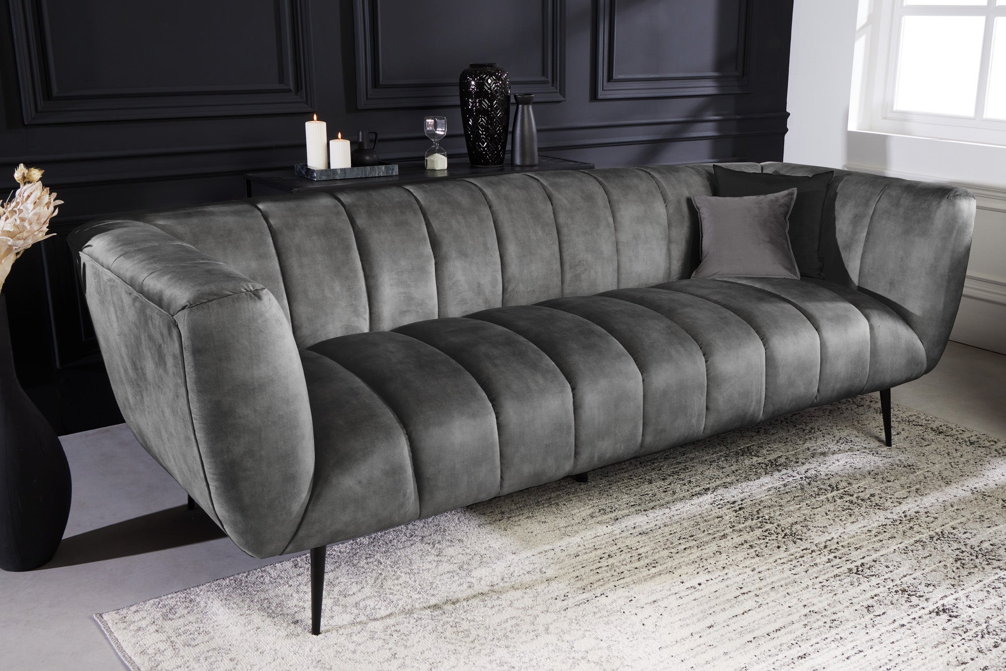 Invicta Canapea NOBLESSE - 225cm, 3 Locuri | Catifea, Negru | 225x80x90 cm