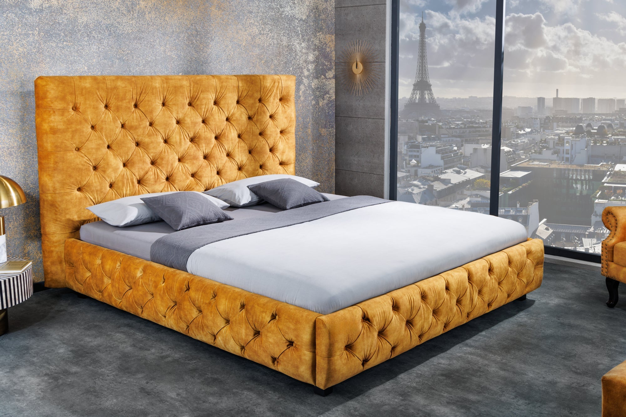 Invicta Pat PARIS CHESTERFIELD - 200cm | Catifea, Galben Muștar | 190x138x220 cm