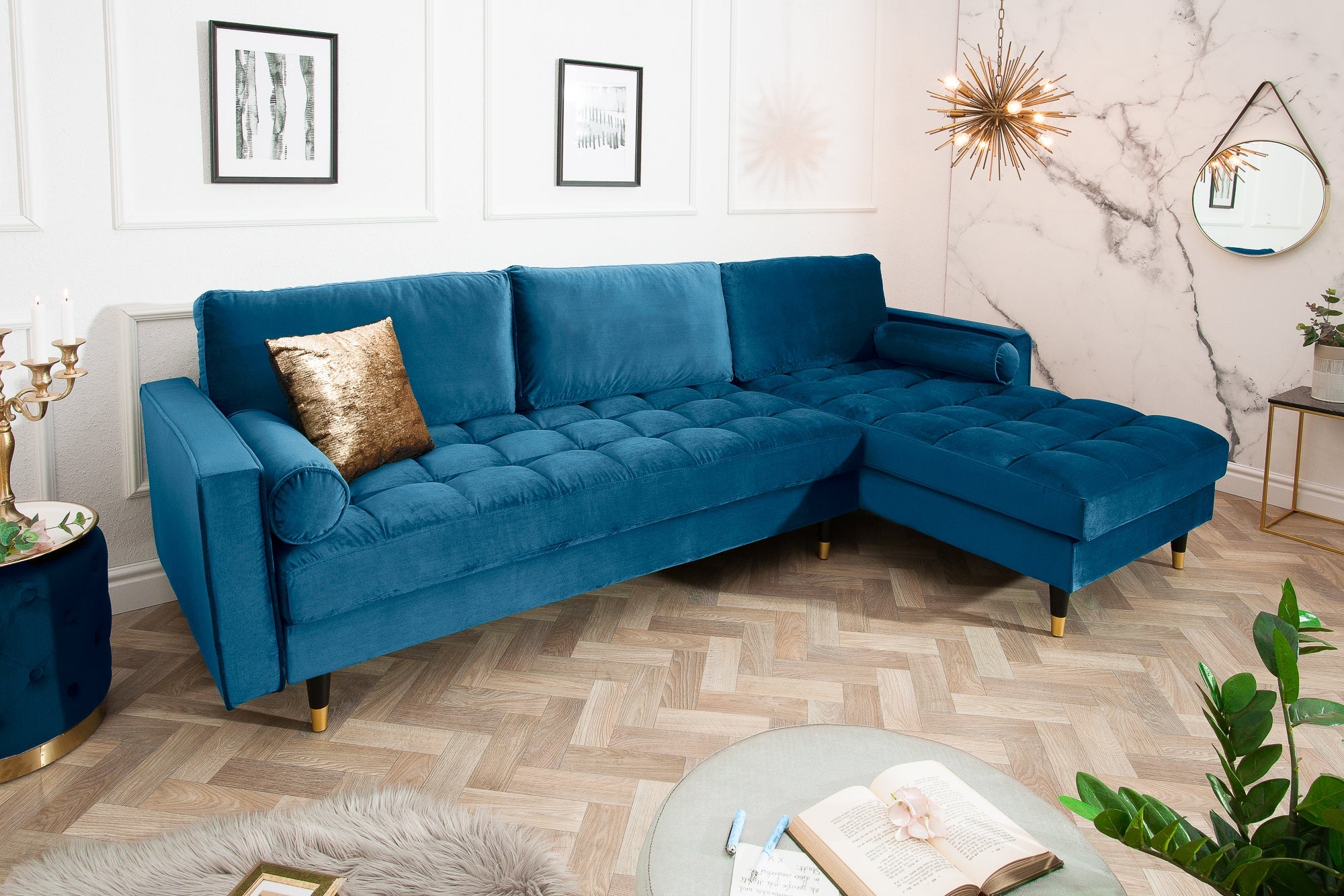 Invicta Canapea COZY VELVET - 260cm | Catifea, Albastru | 260x85x83 cm