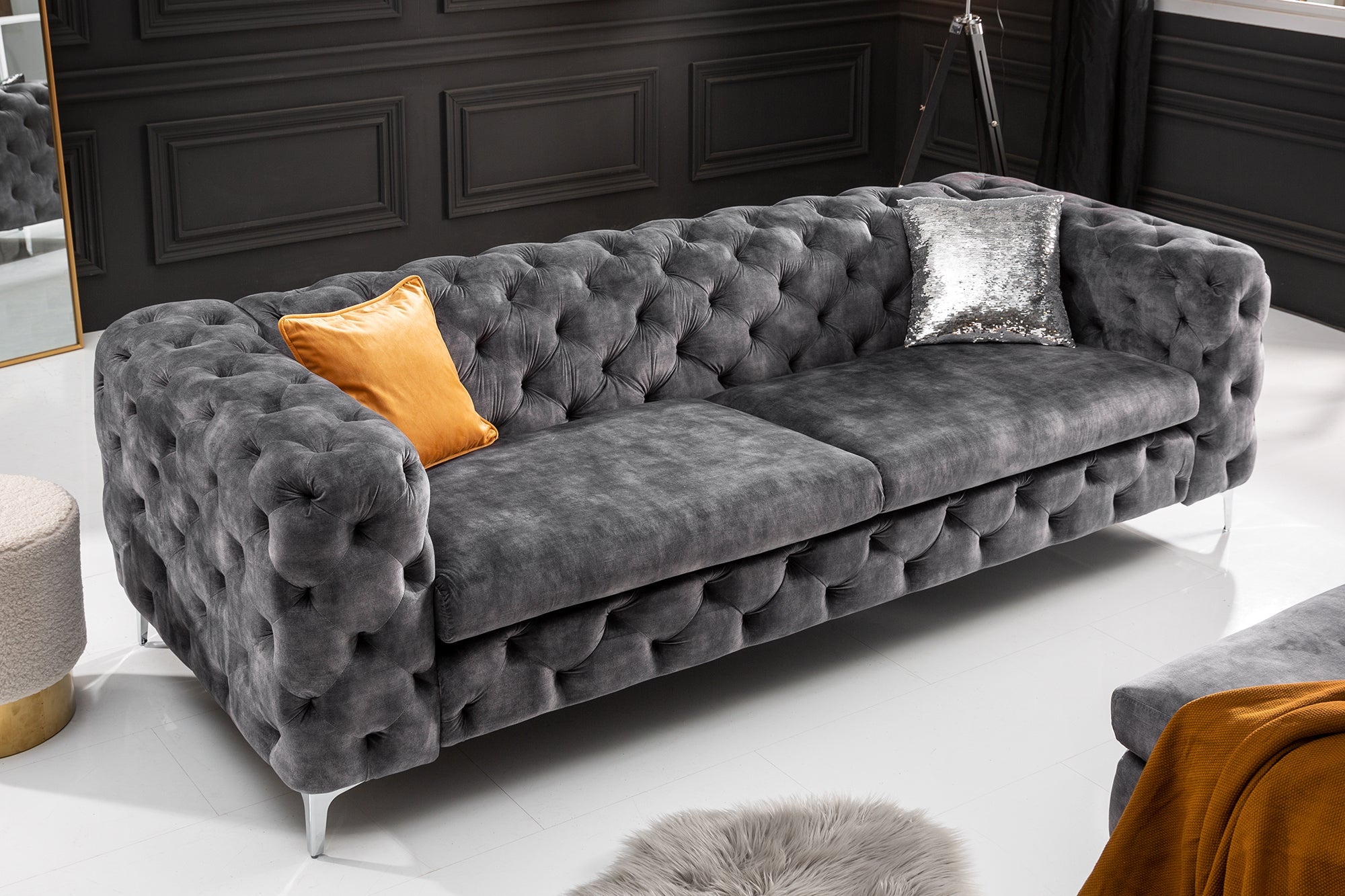 Invicta Canapea MODERN BAROCK - 240cm, 3 Locuri | Catifea, Gri | 235x72x95 cm