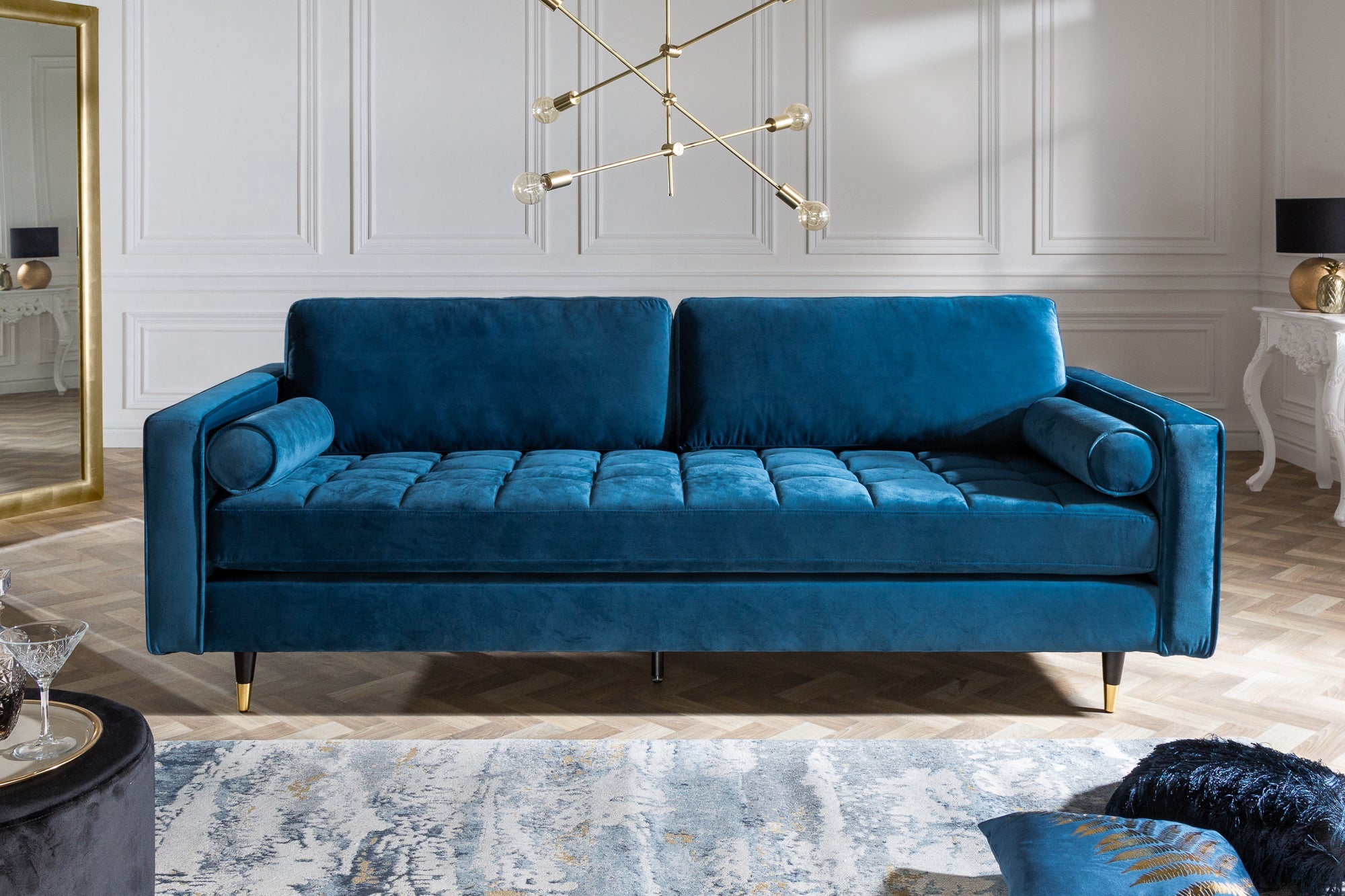 Invicta Canapea COZY VELVET - 220cm, 3 Locuri | Catifea, Albastru | 220x90x85 cm