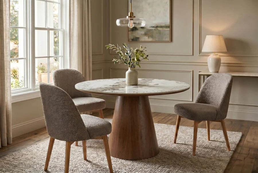 Masă de Dining Uniq 120 cm, Rotundă, Lemn Furniruit de Stejar și Blat Ceramic Pandora Aspect Marmură Albă