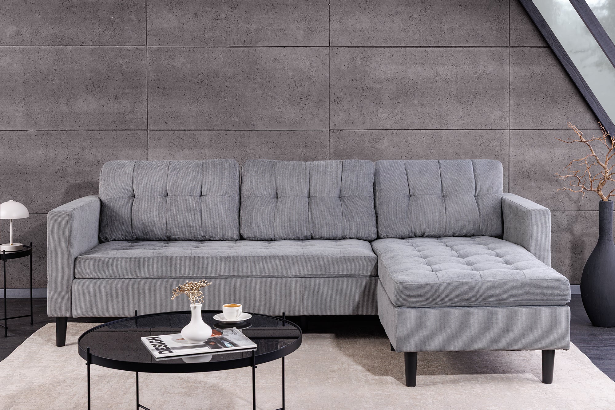Invicta Canapea STOCKHOLM - 220cm, 3 Locuri | Țesătură Cord, Gri | 220x90x85 cm