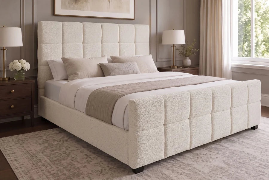 Pat Tapitat PRESTIGE 180x200 cm cu Spațiu de Depozitare și Somieră Inclusă, Țesătură Bouclé Crem