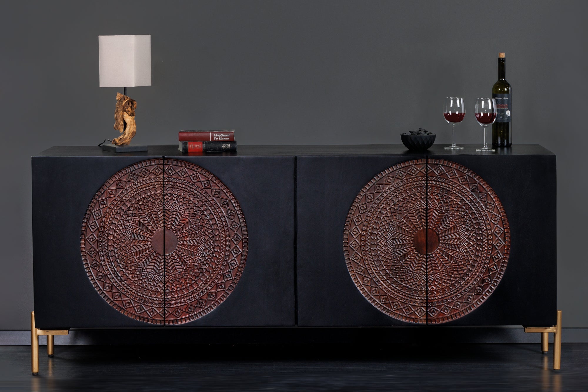 Invicta Comodă MANDALA - 160cm | Mango, Negru | 160x76x38 cm