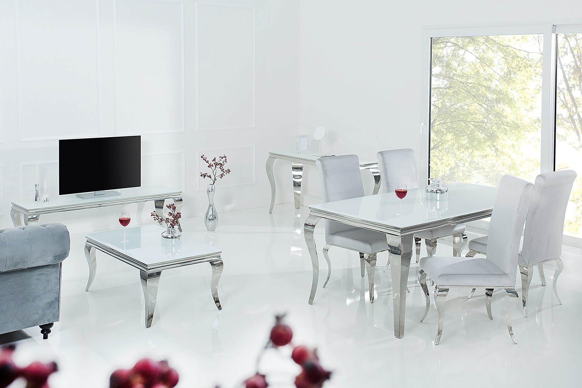 Invicta Masă dining MODERN BAROCK - 180cm | Sticlă, Alb | 180x75x90 cm