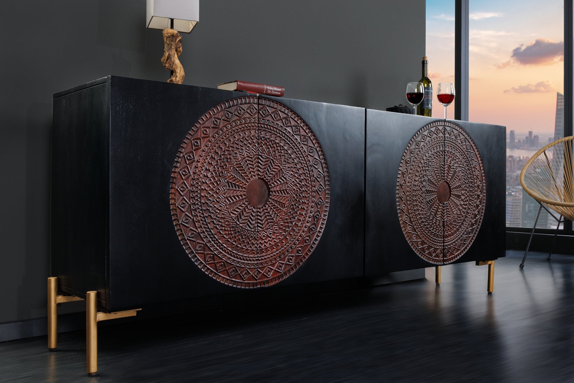 Invicta Comodă MANDALA - 160cm | Mango, Negru | 160x76x38 cm