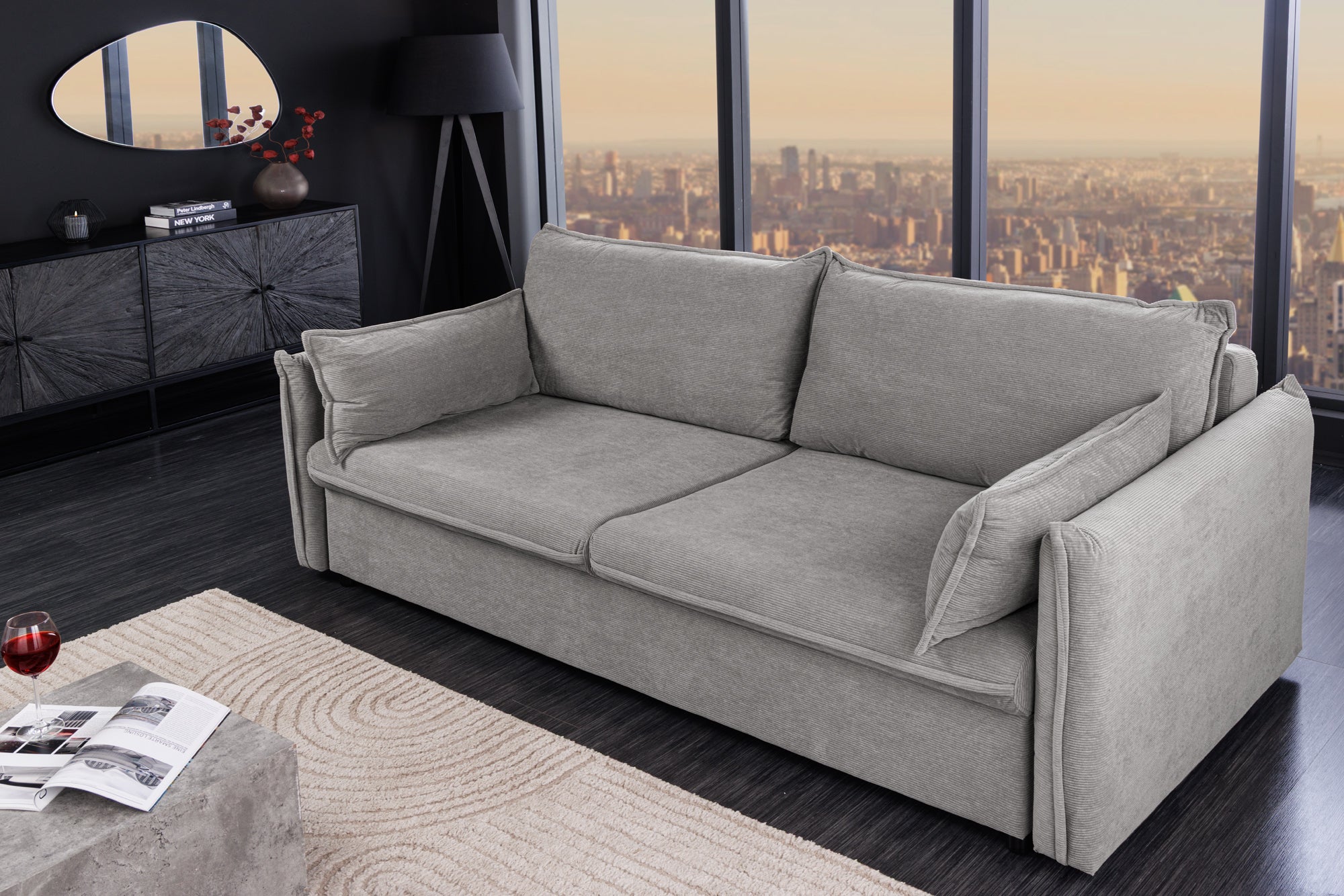 Invicta Canapea extensibilă APARTMENT - 215cm, 3 Locuri | Țesătură Cord, Gri | 215x90x100 cm